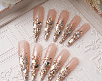 Pink Crystal Diamond Extra Long Stiletto Press On Nails, Handpainted Acrylic Fake Nails,Bling Birthday Nails,Summer Gifts