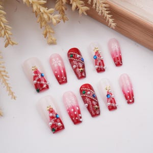 Red Gradient Party Medium Press On Nails With Star,Snowflake Polka Dot Nail,Christmas Tree Accents,Gel Nails,Perfect Birthday Gifts