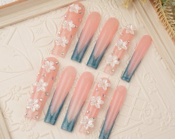 Clearance White Flower French Press On Nail,Extra Long Coffin,Pink Nail,Glitter Nails,Blue V-neck Nails,Birthday Gifts,Mother's Day Gifts