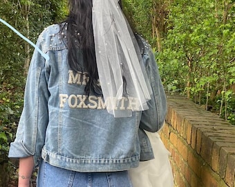 Personalised Pearl Denim Jacket, Bridal Shower, Bride to Be, Hen Party, Honeymoon Jacket, Wedding present