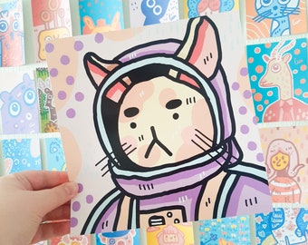 Space cat art print, physical art prints, cat illustration print, cat gifts for women, space gifts for adult, astronaut artwork, penpal gift