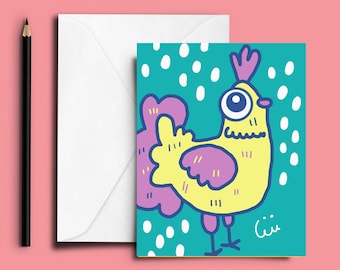 Chicken greeting card, chicken gift for women, postcrossing postcards, small art print, eclectic artwork, bird art print, tween girl gift