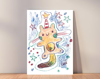 A4 / impression d'art fantaisiste pour chambre à coucher, impression d'art de chat drôle, cadeaux de chat pour les femmes, art de chaton, impression d'art pastel à l'huile, cadeau d'art pour elle, éclectique