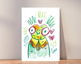 Impression d'art A4 / grenouille, art amusant pour adolescente, cadeaux grenouille pour elle, illustration de grenouille, art déséquilibré, décoration murale d'art éclectique, cadeau pour soi