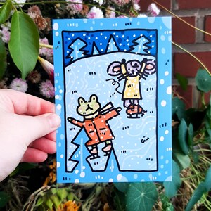 Cute Christmas card, Animal greeting cards, Winter art print, Unique Christmas gifts for family, Postcrossing card, Whimsical art skating