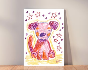 A4 / whimsical art print for bedroom, dog illustration wall art, oil pastel art print, puppy illustration, art gift for her, gift for self