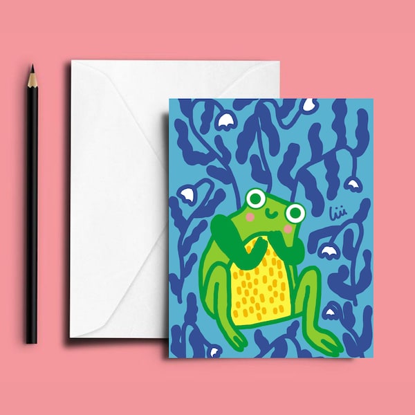 frog greeting card, frog art print for kids room, frog postcard for friend, toad art print for wall, illustrations for nursery, woodland art