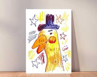 A4 / duck illustration, whimsical art prints for bedroom, funny art for teenage girl, ecelectic art wall decor, unhinged art, oil pastel art