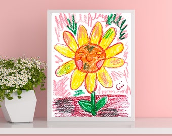 A5 / sunflower art print, flower illustration, whimsical decor for bedroom, oil pastel art print, gift for girlfriend, nature illustration