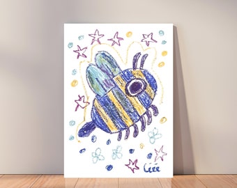 A4 / bee illustration, whimsical art print for bedroom, nursery illustration, oil pastel art print, nature wall art, funny art for teen girl