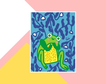 Printable greetings cards for kids, frog illustration, digital animal prints, gender neutral nursery artwork, frog birthday card for women