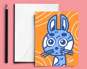 bunny postcard, animal greeting cards, card for an artist, eclectic wall art, silly greetings cards, birthday cards for kids, penpal gift