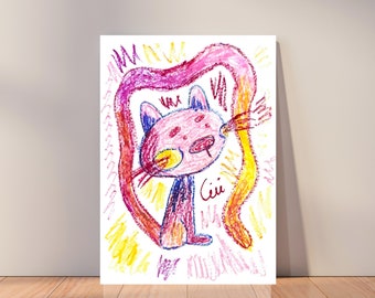 Impression d'art A4/chat amusante, oeuvre d'art pour adolescente, cadeau chat mignon pour propriétaire de chat, décoration de chambre de chat, décoration d'art mural éclectique, cadeaux pour amoureux des chats