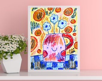 A5 / Jolie impression d'art vase à fleurs, décoration fantaisiste pour chambre à coucher, impression d'art pastel à l'huile, joli cadeau pour petite amie, illustration de la nature, éclectique