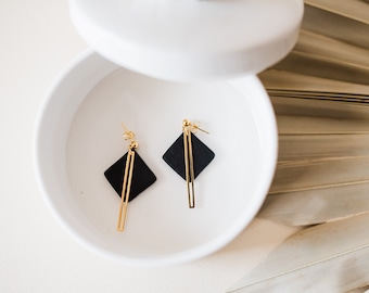 Minimalist Polymer Clay Earrings in Black ǀ Geometric Statement Earrings with Brass Charm ǀ Gifts for Her