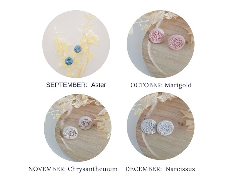 May include: Four pairs of earrings, each pair displayed on a small wooden plate with dried flowers. The earrings are made of polymer clay and feature a floral design. The colors of the earrings are blue, pink, white, and light gray.