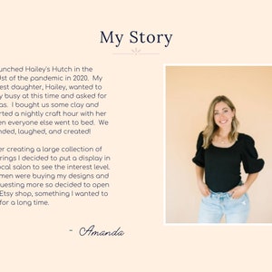 May include: A woman wearing a black top and blue jeans stands in front of a peach-colored wall. The text "My Story" is at the top of the image. The text below describes how the woman started her business making earrings.