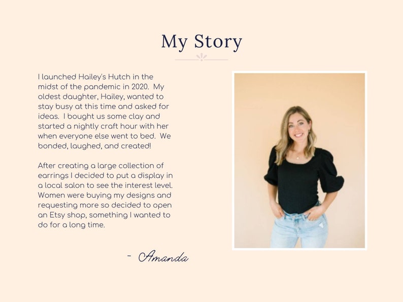 May include: A woman wearing a black top and blue jeans stands in front of a peach-colored wall. The text "My Story" is at the top of the image. The text below describes how the woman started her business making earrings.