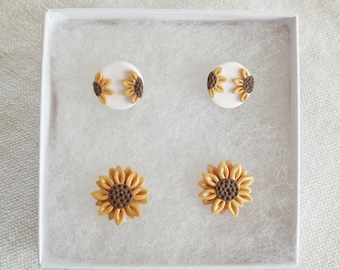 Sunny Stud Collection ǀ Sunflower Polymer Clay Earrings in Gold  ǀ Gifts for Her