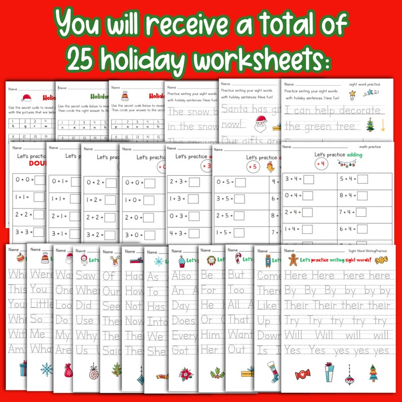 Christmas Worksheets for Kindergarten & First Grade Christmas Sight