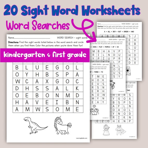 20 printable word searches for 120 sight words kindergarten etsy
