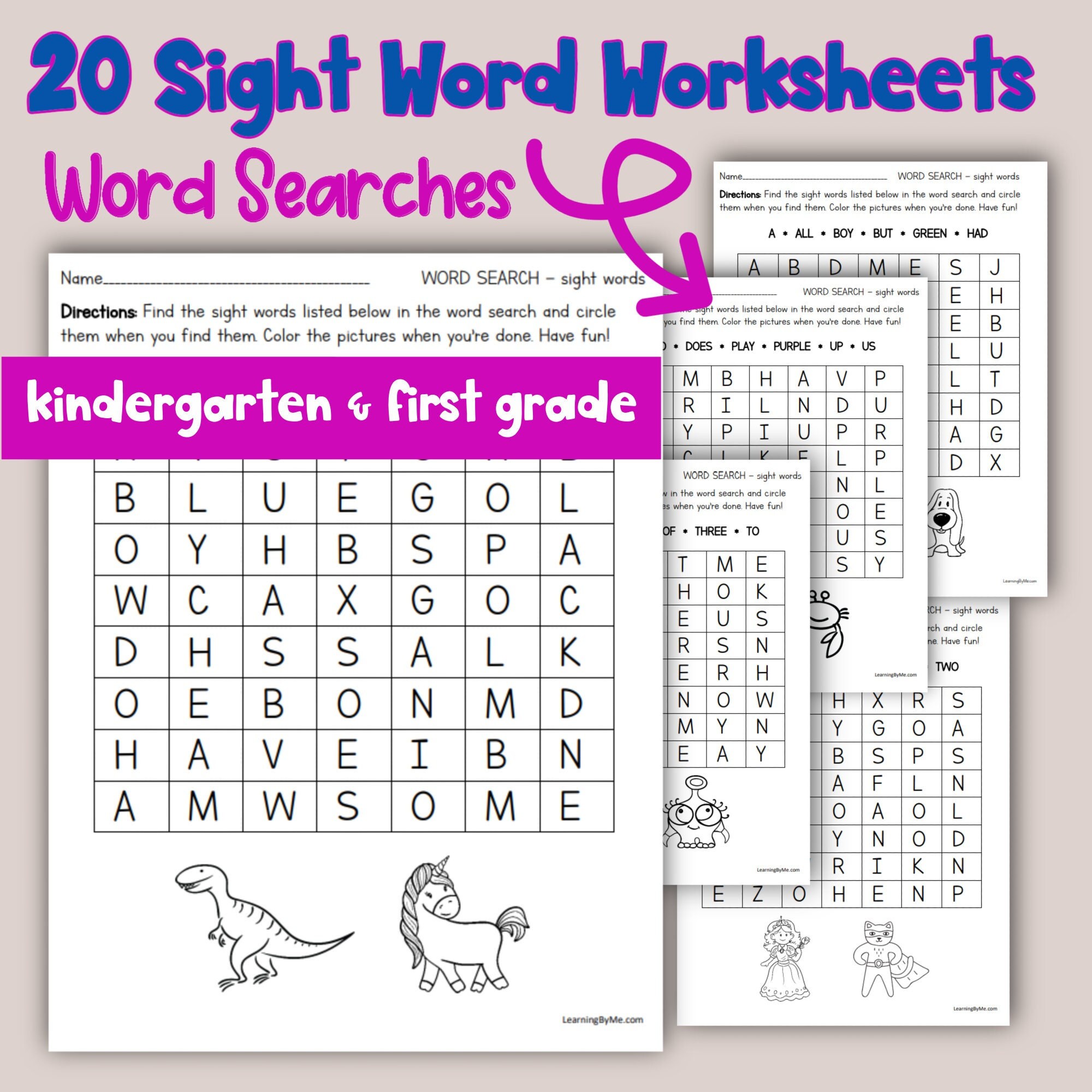 20 printable word searches for 120 sight words kindergarten etsy