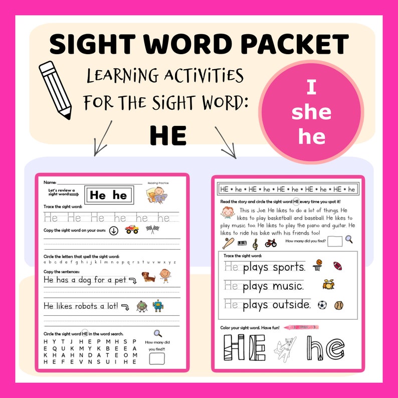 Sight Word Practice I SHE HE Etsy