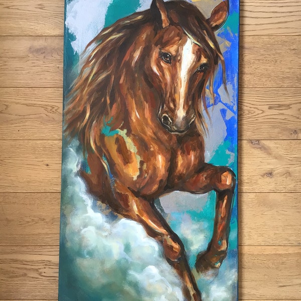 Cheval de course peinture à huile, peinture animale,pain à la main, beaux chevaux, cheval de galop, art de mur de cheval