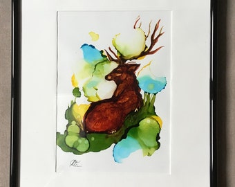 Deer ink alcohol painting, original wall art