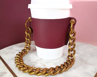 LEATHER Reusable Cupholder & Chain – Handmade Coffee Cup Holder Sleeve –  Burgundy with Bronze Gold Chain Strap Handle – FEM THIRSTY
