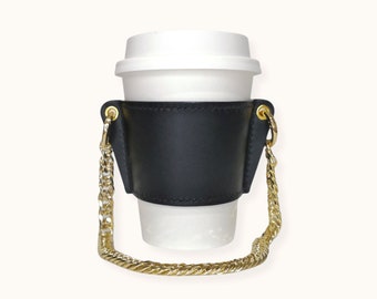 LEATHER Reusable Cupholder & Chain – Handmade Coffee Cup Holder Sleeve – Black with Gold Chain Strap Handle – FEM THIRSTY