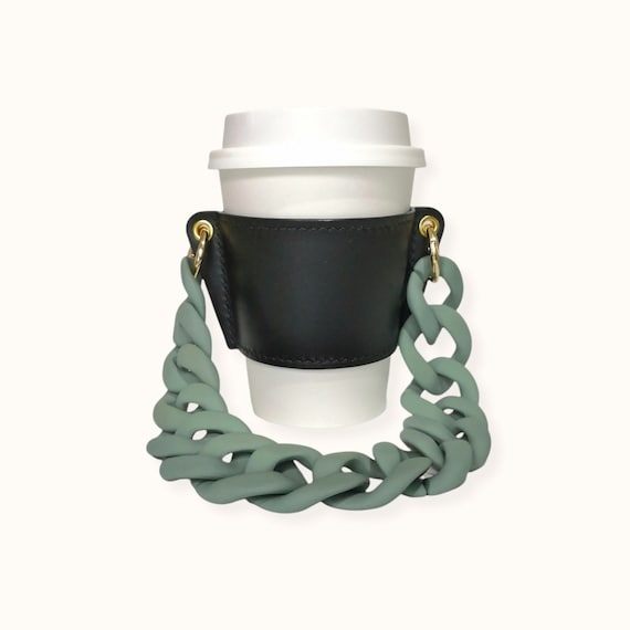 LEATHER Reusable Cupholder & Chain Handmade Coffee Cup Holder Sleeve Black  With Matte Dusty Mint Chain Strap Handle FEM THIRSTY 