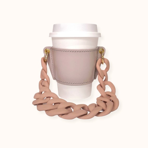 LEATHER Reusable Cupholder & Chain Handmade Coffee Cup Holder Sleeve Greige  With Matte Pink Chain Strap Handle FEM THIRSTY 