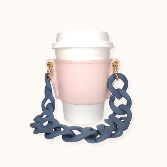 LEATHER Reusable Cupholder & Chain Handmade Coffee Cup Holder Sleeve Sakura  Pink With Matte Navy Chain Strap Handle FEM THIRSTY 