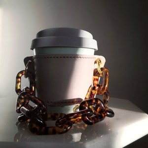 LEATHER Reusable Cupholder & Chain Handmade Coffee Cup Holder Sleeve Greige with Tortoise Shell Chain Strap Handle FEM THIRSTY image 5