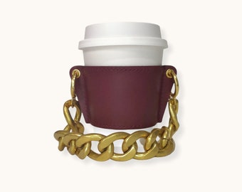 LEATHER Reusable Cupholder & Chain – Handmade Coffee Cup Holder Sleeve – Burgundy with Chunky Gold Chain Strap Handle – FEM THIRSTY