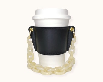 LEATHER Reusable Cupholder & Chain – Handmade Coffee Cup Holder Sleeve – Black with Ivory Marble Chain Strap Handle – FEM THIRSTY