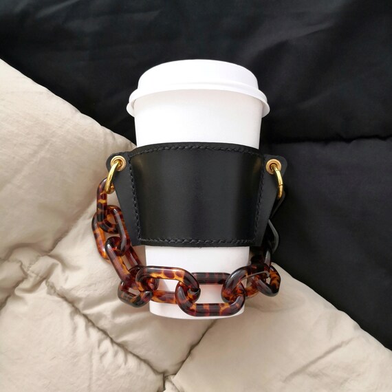 LEATHER Reusable Cupholder & Chain Handmade Coffee Cup Holder Sleeve Black  With Tortoise Shell Chain Strap Handle FEM THIRSTY 