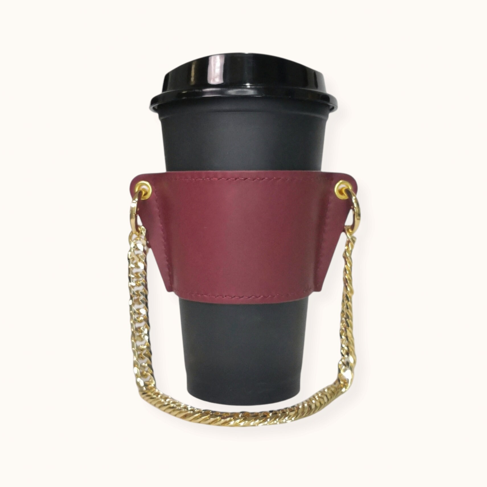 LEATHER Reusable Cupholder & Chain – Handmade Coffee Cup Holder Sleeve –  Burgundy with Bronze Gold Chain Strap Handle – FEM THIRSTY
