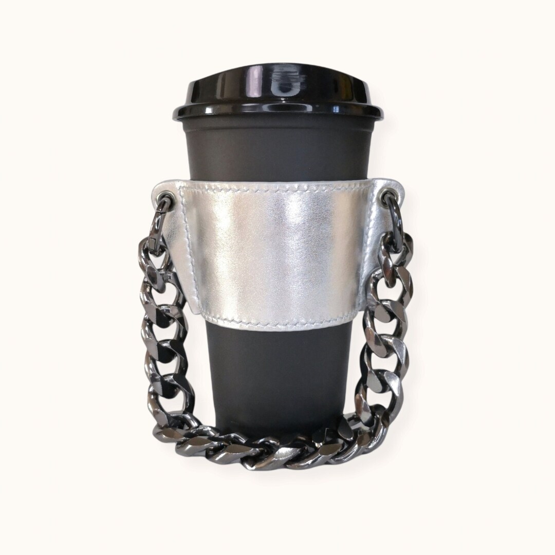 LEATHER Reusable Cup & Cupholder Set Handmade Coffee Cup Sleeve Silver