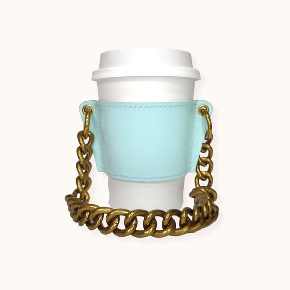 LEATHER Reusable Cupholder & Chain Handmade Coffee Cup Holder Sleeve Aqua  Mint With Bronze Gold Chain Strap Handle FEM THIRSTY -  Ireland