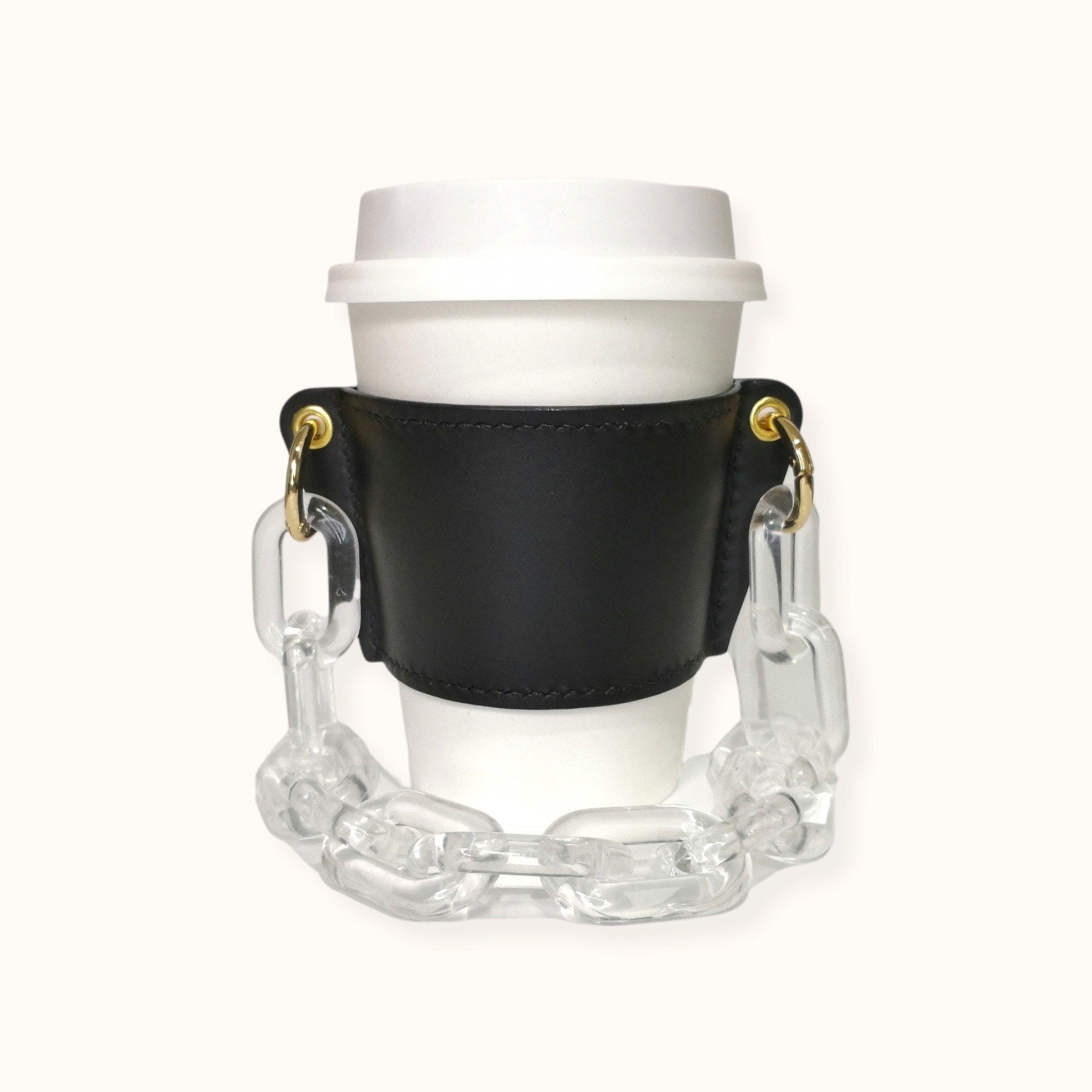 LEATHER Reusable Cupholder & Chain Handmade Coffee Cup Holder Sleeve Black  With Clear Chain Strap Handle FEM THIRSTY 
