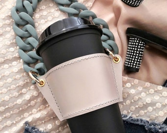 LEATHER Reusable Cup & Cupholder Set – Handmade Coffee Cup Sleeve – Greige with Matte Dusty Mint Chain Strap Handle – FEM THIRSTY