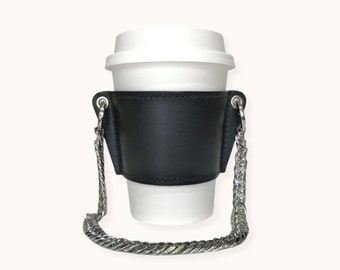 LEATHER Reusable Cupholder & Chain – Handmade Coffee Cup Holder Sleeve – Black with Silver Chain Strap Handle – FEM THIRSTY