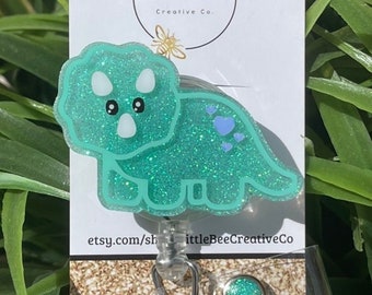 Glitter Triceratops Badge Reel, Dinosaur Pediatric Badge