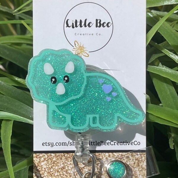 Glitter Triceratops Badge Reel, Dinosaur Pediatric Badge