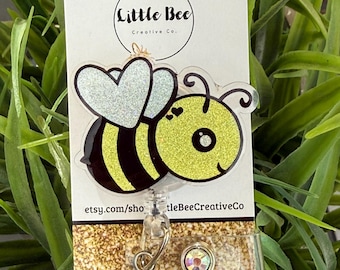 Bee Badge Reel, Glitter Acrylic, Interchangeable Topper
