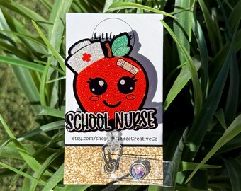 Glitter Apple School Nurse Badge Reel, Interchangeable Design