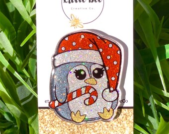 Glitter Baby Penguin Badge Reel: Acrylic Resin Pediatric Christmas