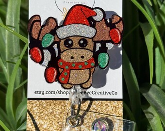Glitter Santa Reindeer Badge Reel, Christmas Retractable ID Holder